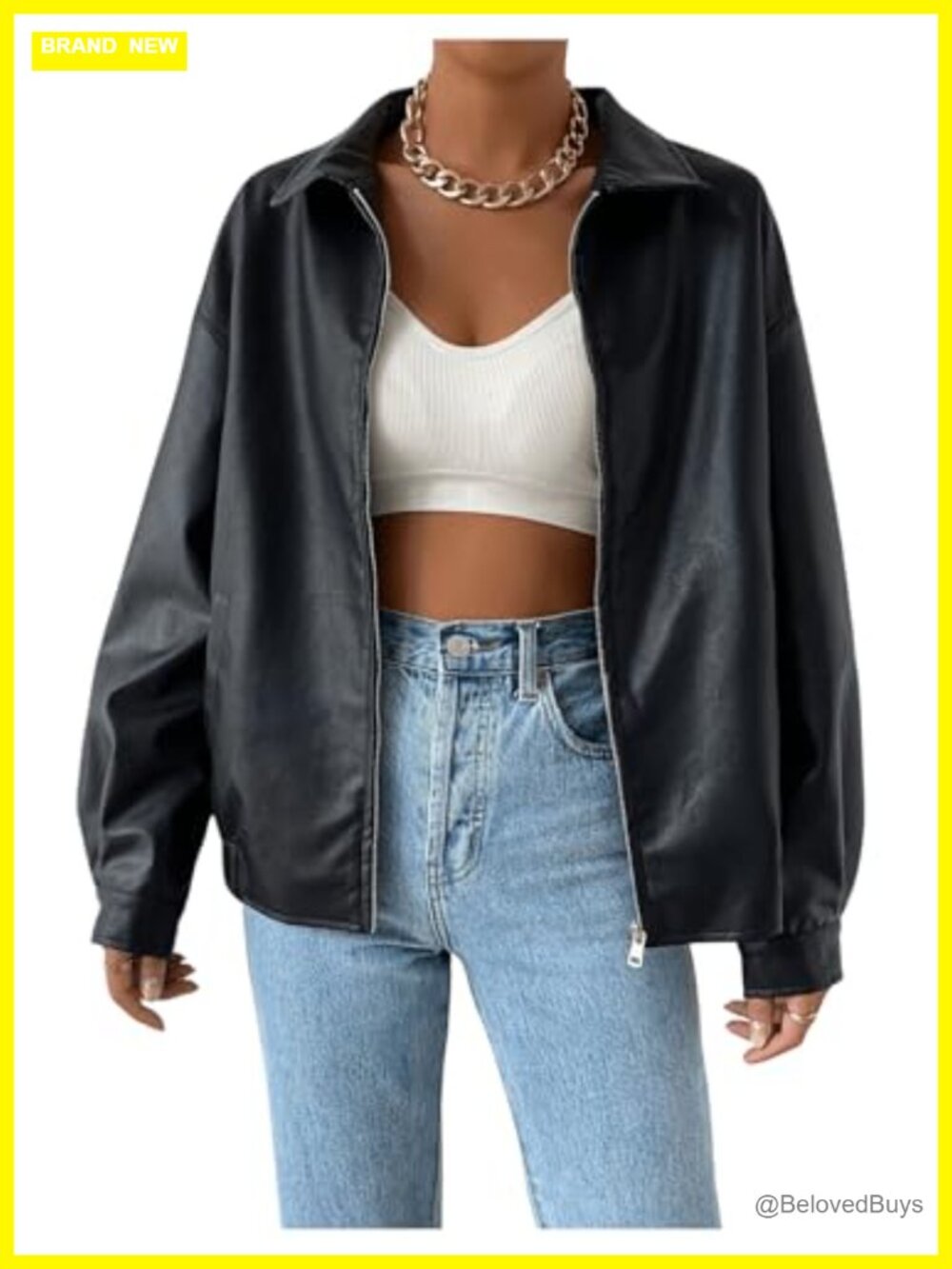Faux Leather Motorcycle Biker Jacket Long Sleeve Zip Up